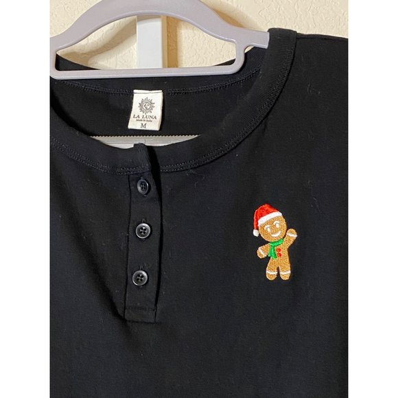 New La Luna black cotton Christmas t-shirt Gingerbread man crop top Sz M - Picture 2 of 8